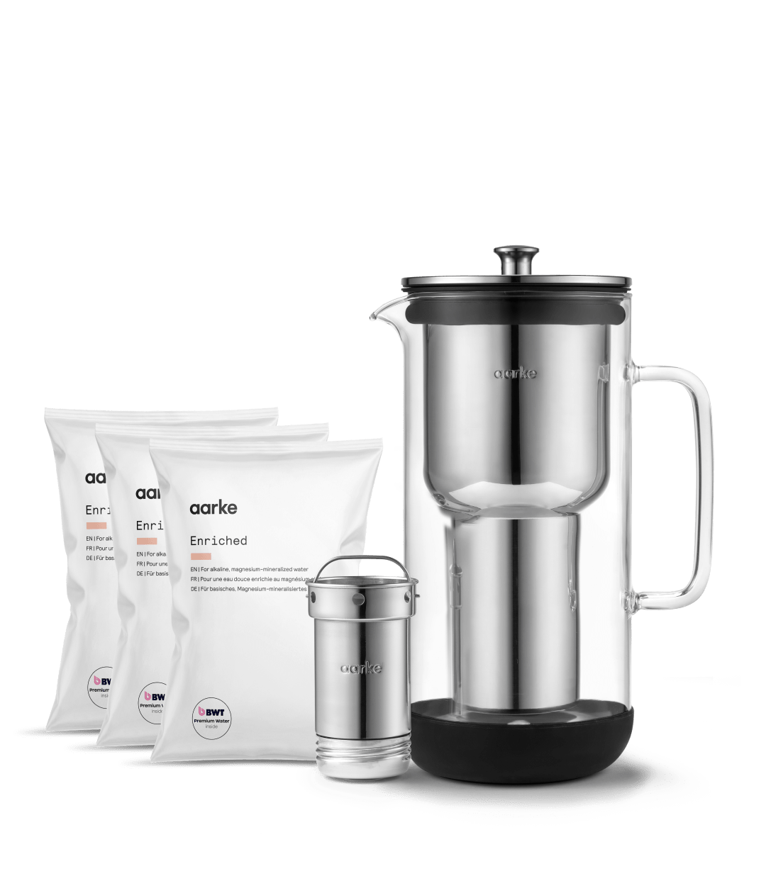 Aarke standard Purifier glass pitcher with refillable steel cartridge and three Enriched granule refill bags