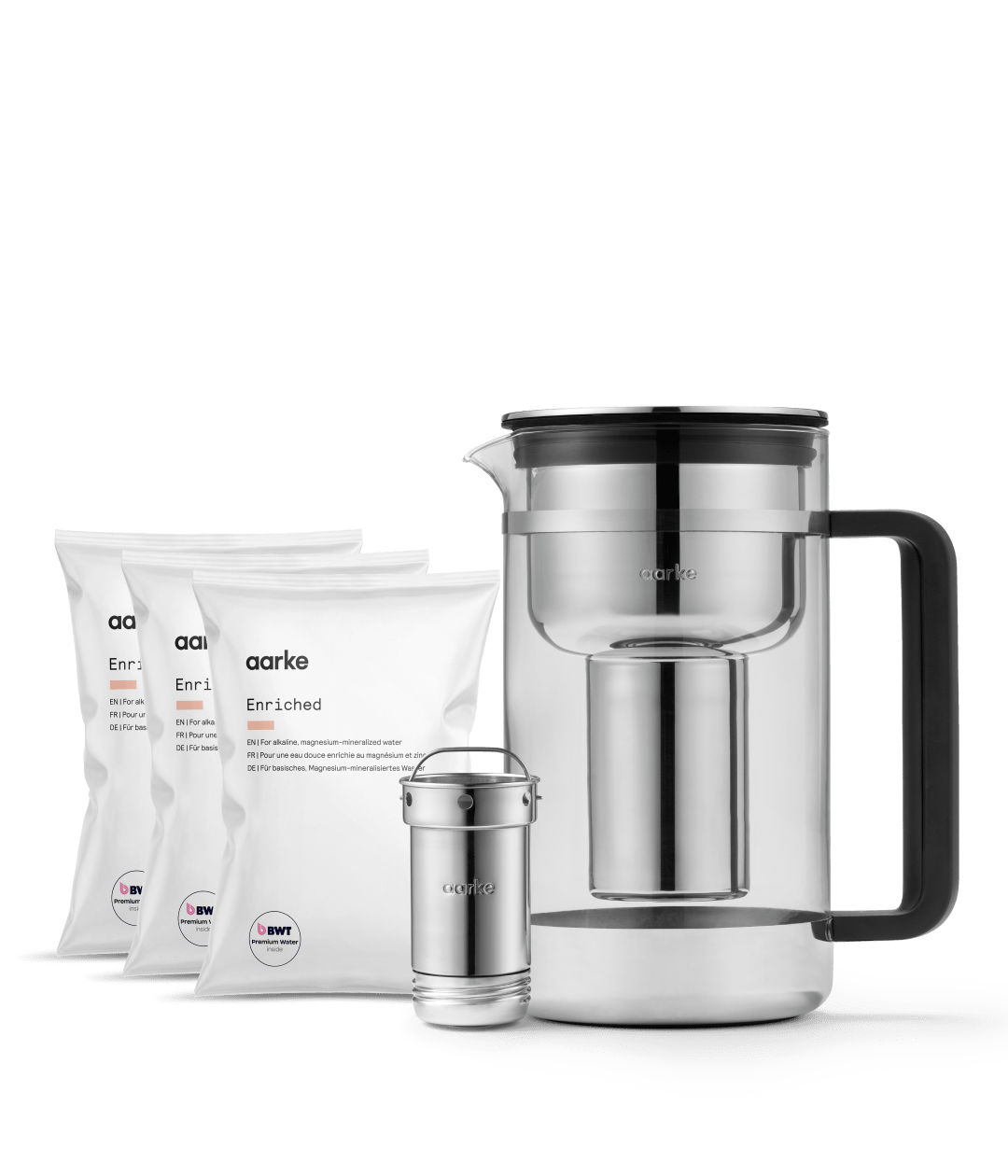 Aarke Purifier Large glass pitcher, refillable steel cartridge and three Enriched granule bags