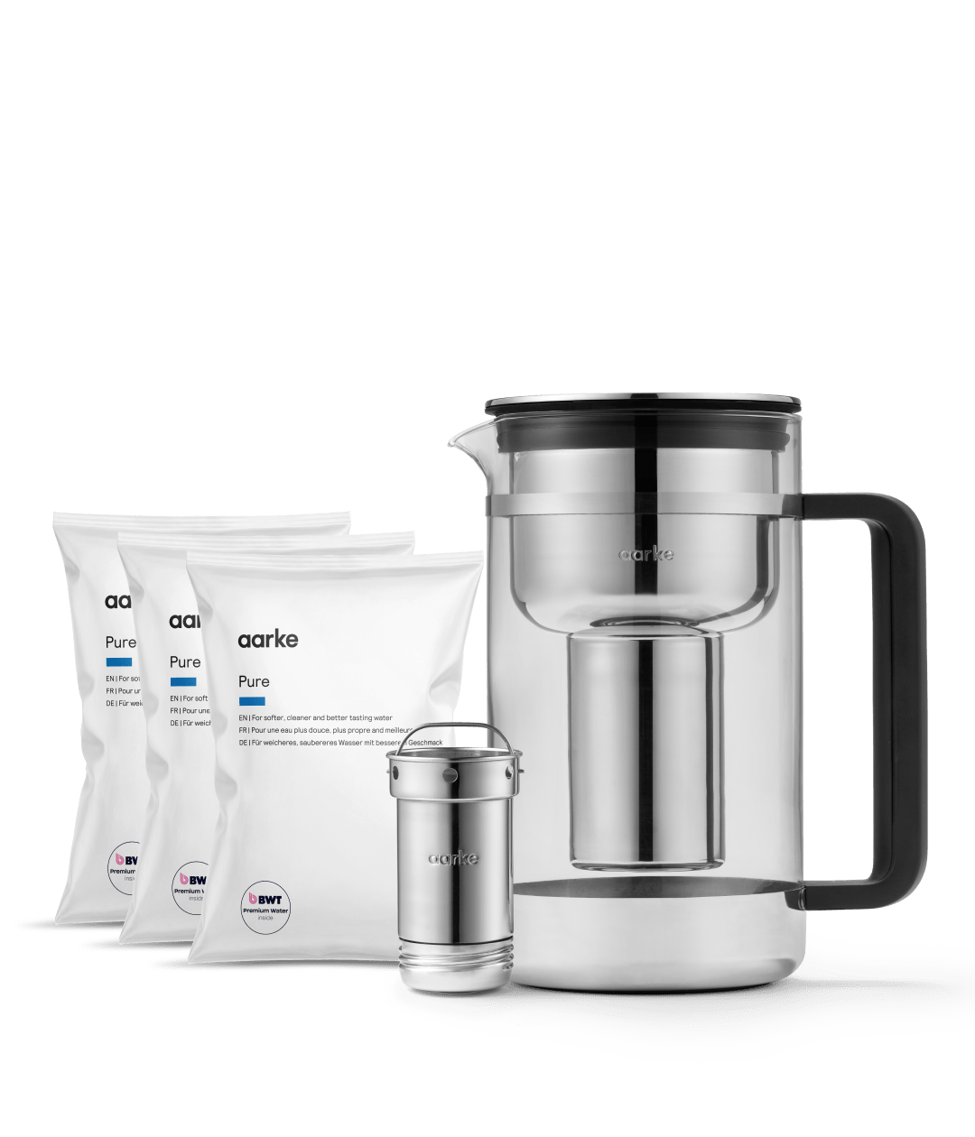 Aarke Purifier Large glass pitcher with refillable steel cartridge and three pictured Pure granule refill bags
