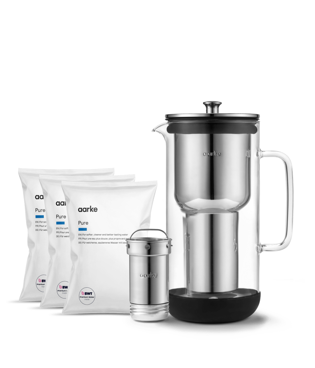 Aarke standard Purifier Pure Kit glass pitcher, refillable metal cartridge and three pictured Pure granule bags