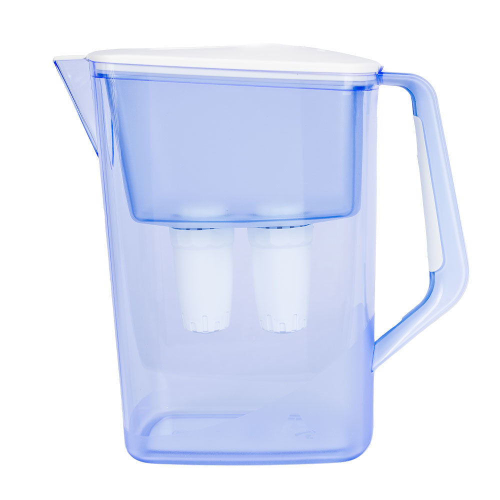 Clear blue-tinted Alexapure pitcher with white lid and handle, showing two white filter elements, on a white studio background.