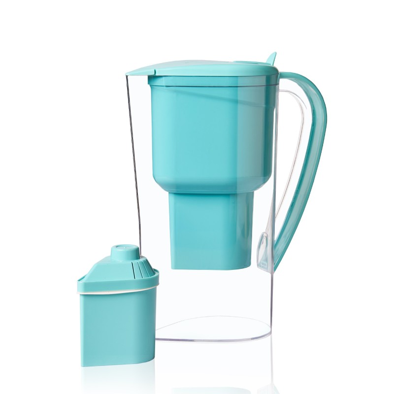 Turquoise Alkanatur pitcher with its green low-magnesium filter beside it, shown as the manufacturer’s studio rendering.