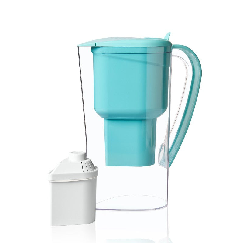 Turquoise Alkanatur pitcher with its white standard filter beside it, shown as the manufacturer’s studio rendering.