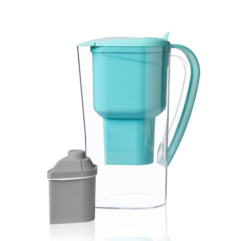 Turquoise Alkanatur pitcher with its gray clinoptilolite-zeolite filter beside it, shown as the manufacturer’s studio rendering.