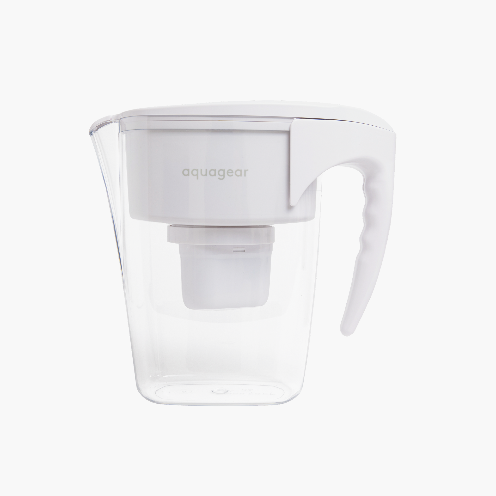 Clear Aquagear pitcher with white lid and handle, Aquagear wordmark, and filter cartridge installed in the inner reservoir