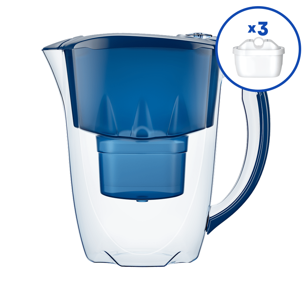 Dark-blue and clear Aquaphor Amethyst Plus pitcher with an x3 cartridge callout