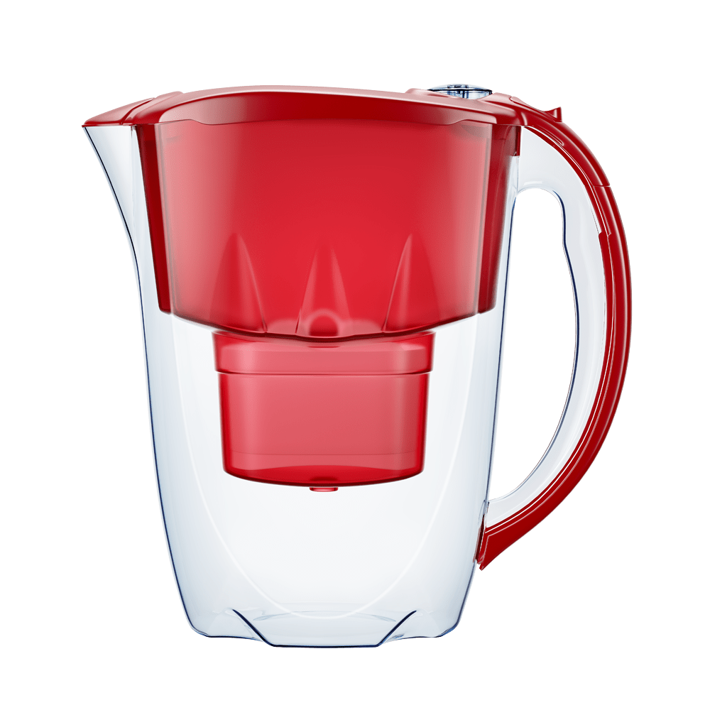 Red and clear Aquaphor Amethyst open-pour filter pitcher with handle and slider lid