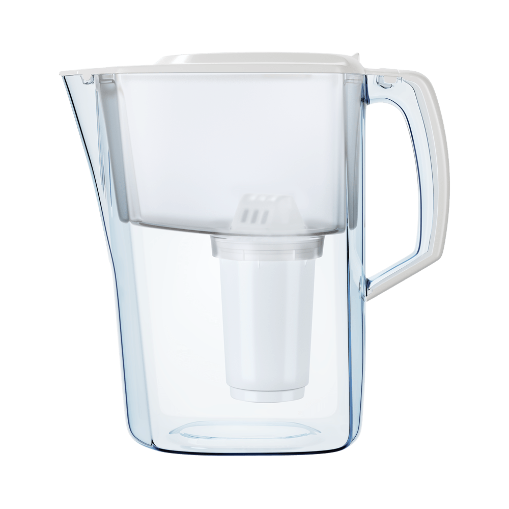 White and clear Aquaphor Atlant A5 Pb 16-cup gravity pitcher with handle, flip-top lid and fitted upper funnel
