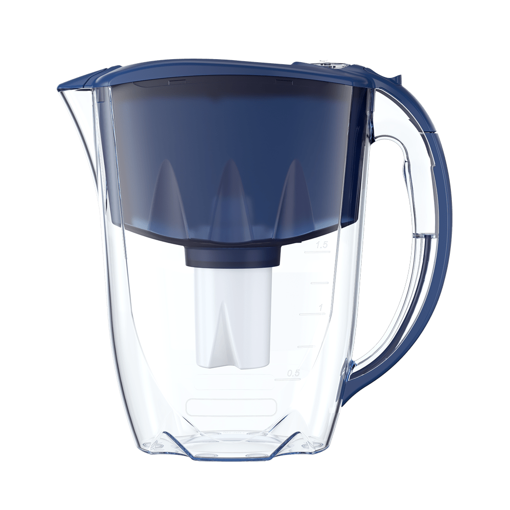 Aquaphor Ideal dark-blue 12-cup pitcher for SKU 206028, with sliding fill top and white-format B15 cartridge visible inside