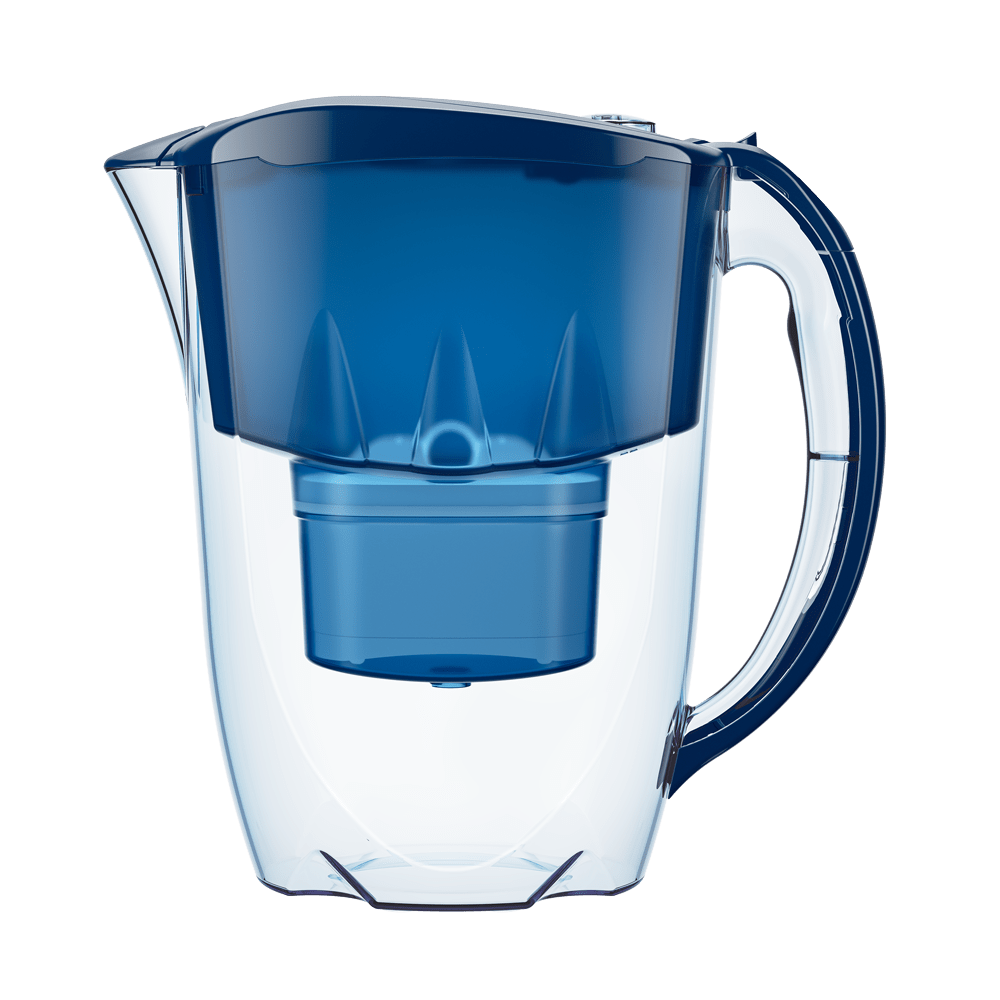 Aquaphor Jasper dark-blue 12-cup water filter pitcher with clear lower vessel and installed B25 cartridge