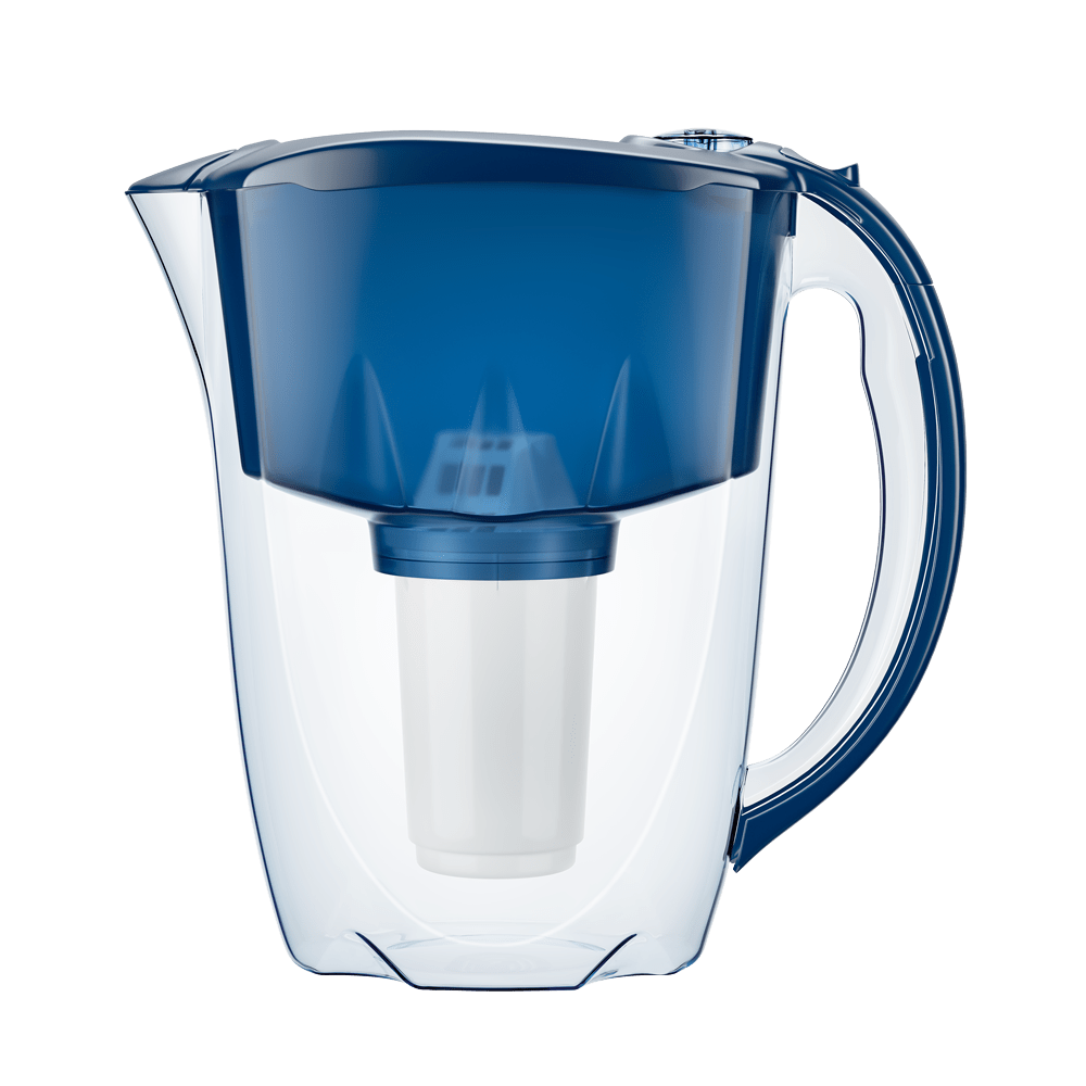 Aquaphor Prestige A5 dark-blue water filter pitcher with its slider fill lid and clear lower vessel