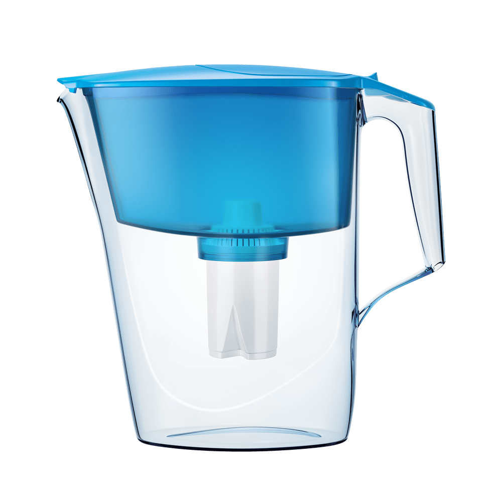 Blue Aquaphor Standard 11-cup pitcher with its clear jug, blue funnel and lid, shown with the B15 filter assembled beneath the funnel