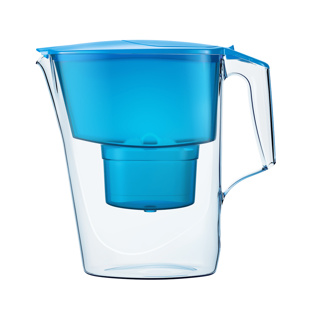 Blue and clear Aquaphor Time 11-cup gravity water-filter pitcher with a flip-top lid, handle and upper funnel
