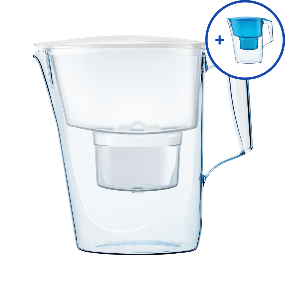 White Aquaphor Time MFP + Time pitcher offer shown as a full-size pitcher with a small second pitcher-like image in the inset