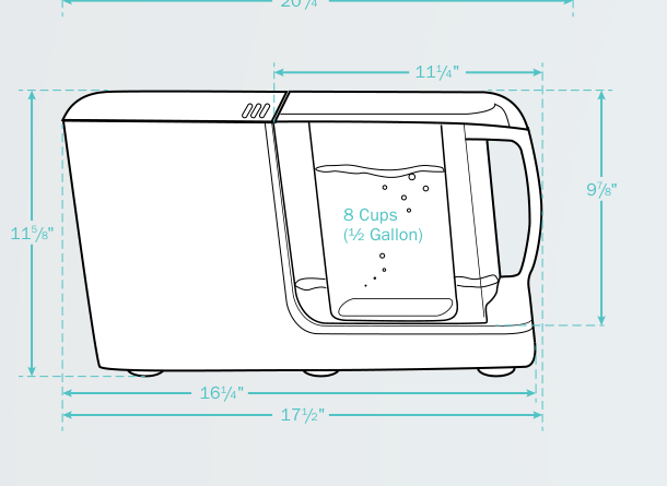 Aquasana CWM 8-cup pitcher mounted on its powered filtration dock, shown in an official manufacturer manual line drawing; the drawing does not distinguish white and black finishes.