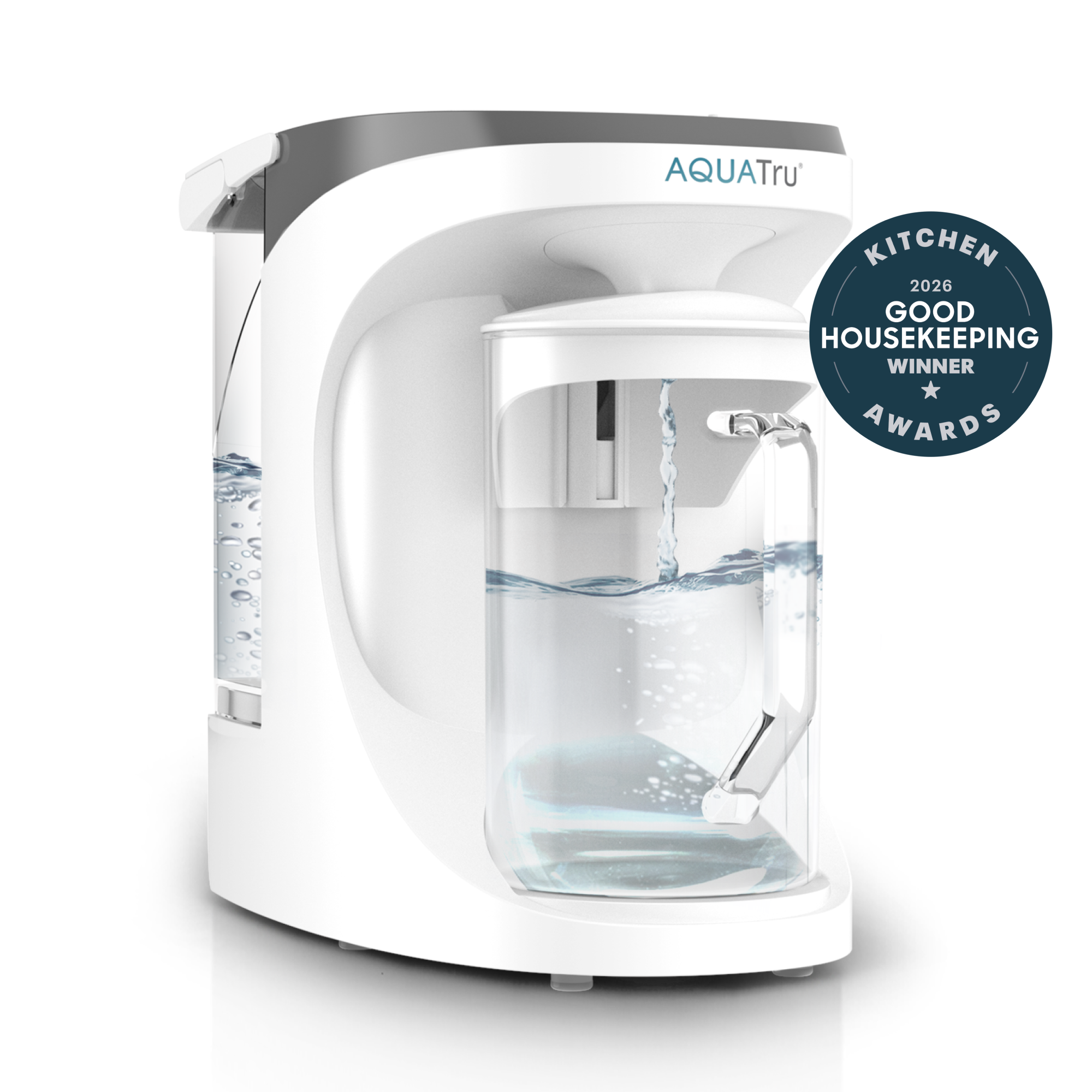 AquaTru Carafe / VOC Carbon Filter: official studio rendering/composite of the white countertop purifier and removable glass carafe. Variant callouts and any promotional awards badge are part of the supplied artwork, not independent performance evidence.