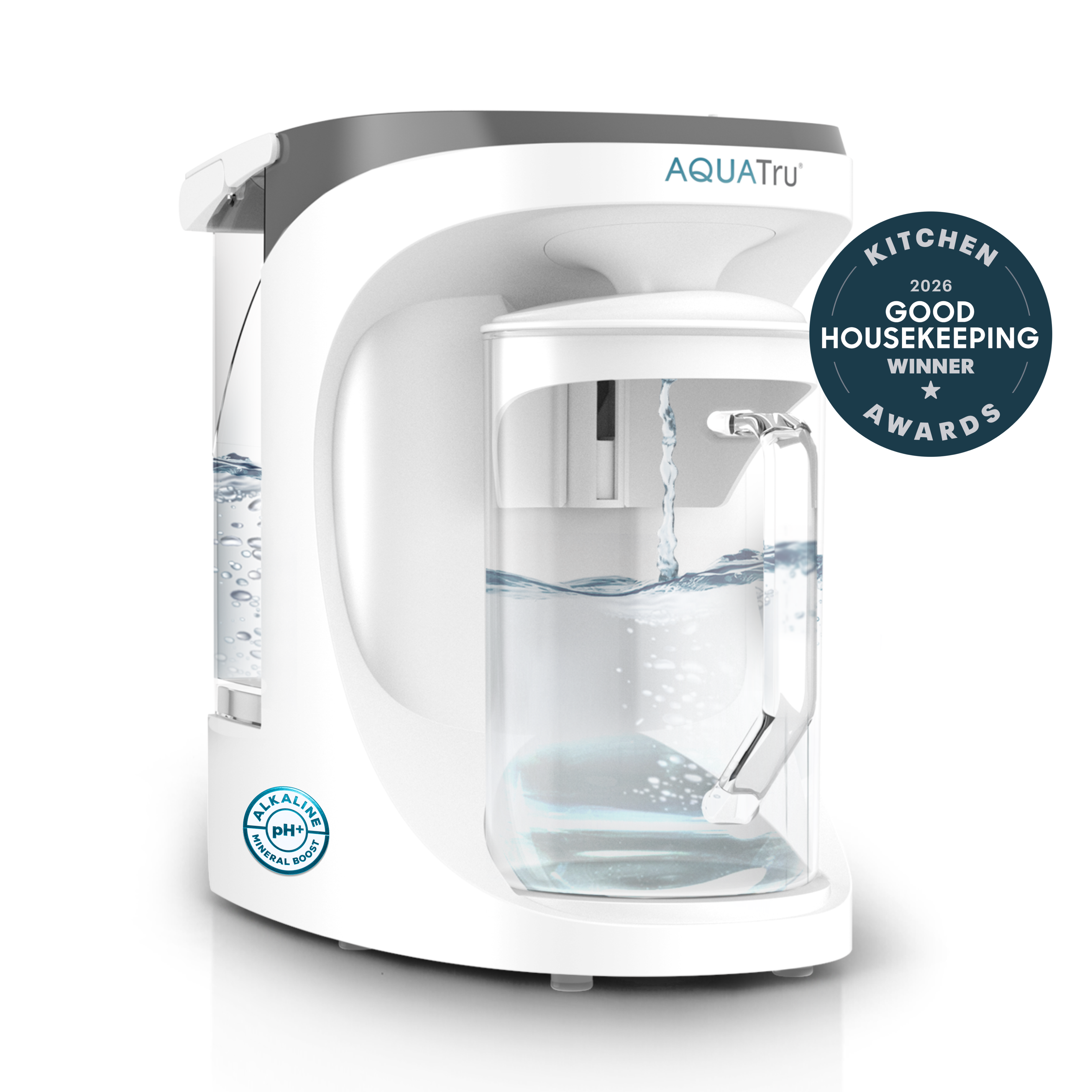 AquaTru Carafe / Alkaline Mineral Boost VOC Filter: official studio rendering/composite of the white countertop purifier and removable glass carafe. Variant callouts and any promotional awards badge are part of the supplied artwork, not independent performance evidence.