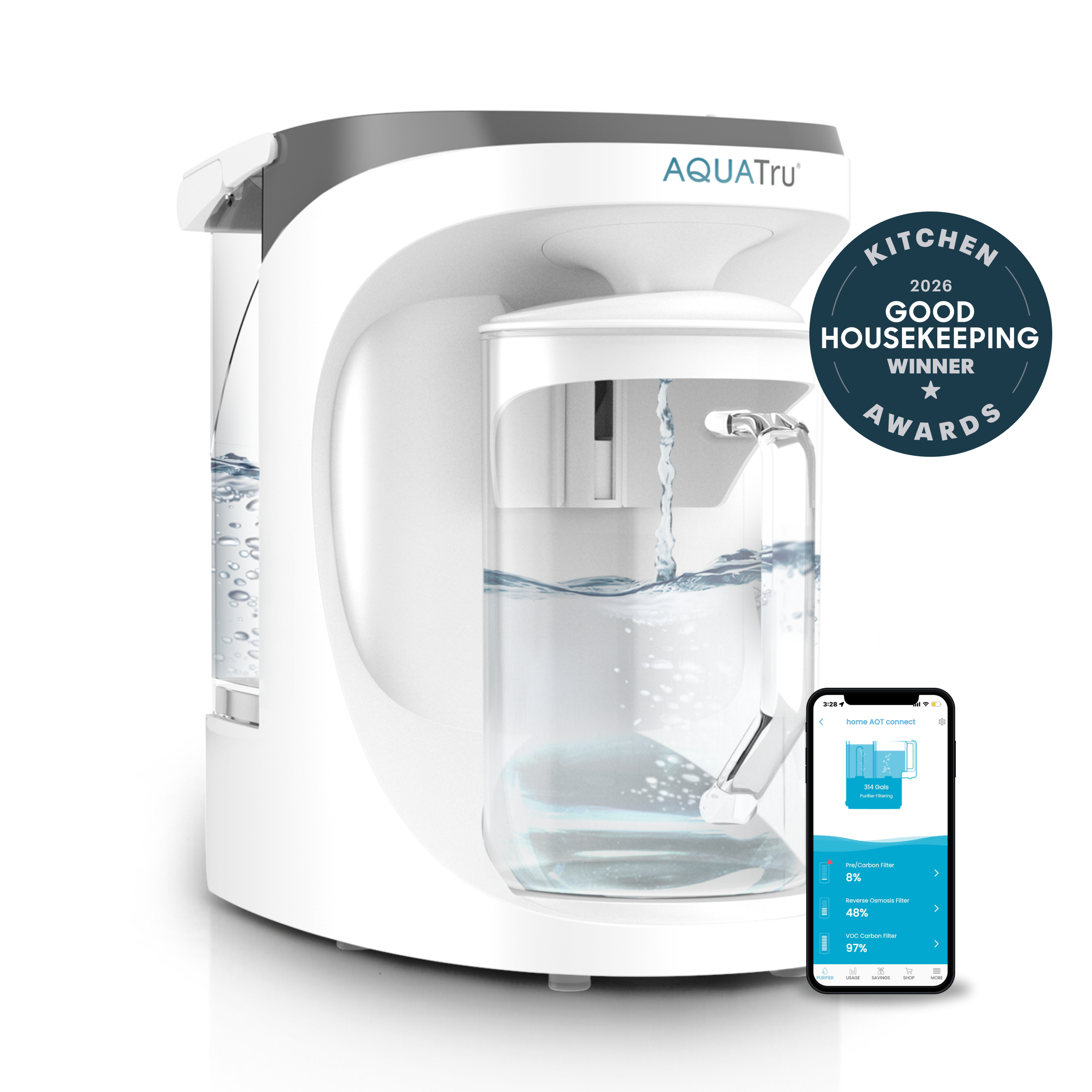 AquaTru Carafe Smart / VOC Carbon Filter: official studio rendering/composite of the white countertop purifier and removable glass carafe. Variant callouts and any promotional awards badge are part of the supplied artwork, not independent performance evidence.