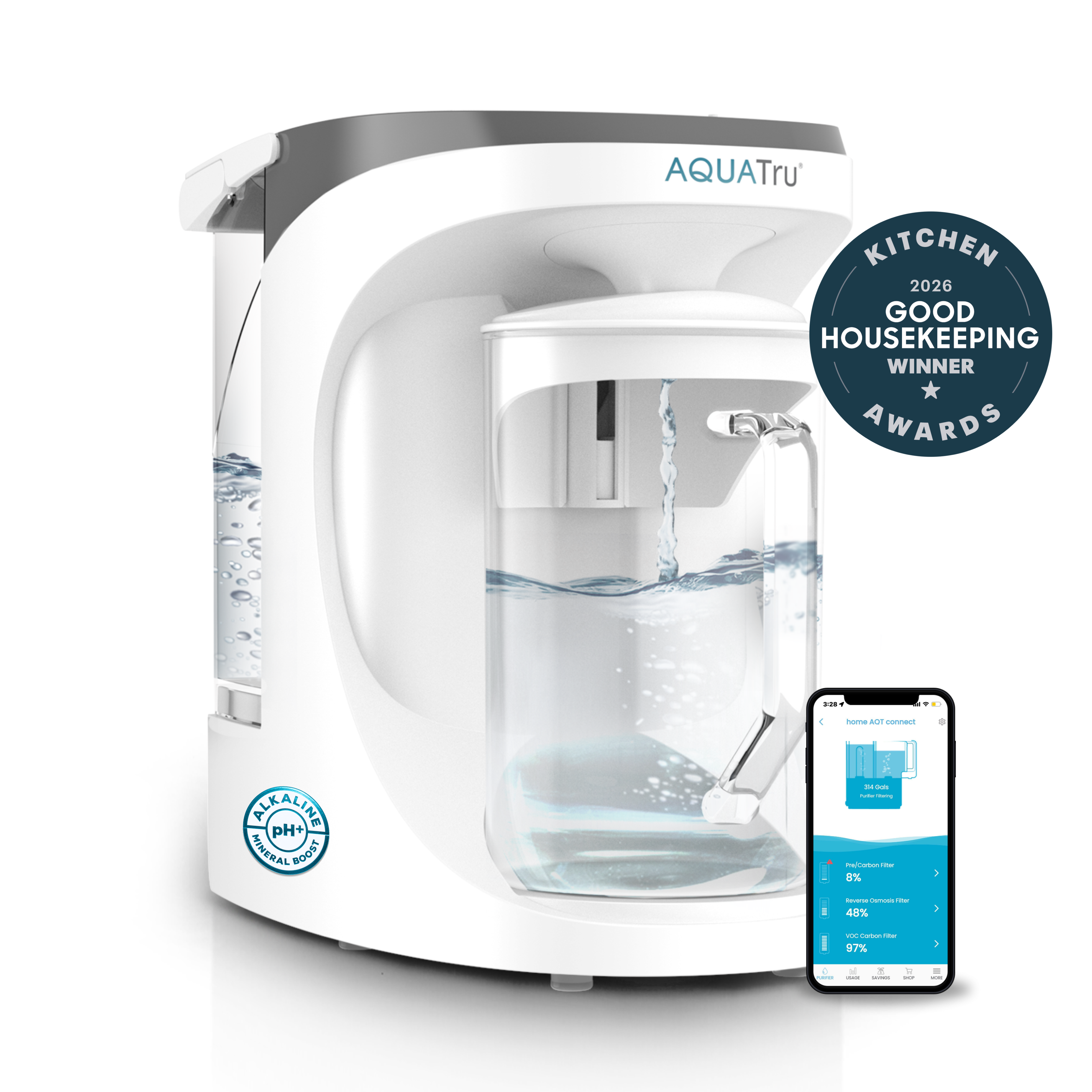AquaTru Carafe Smart / Alkaline Mineral Boost VOC Filter: official studio rendering/composite of the white countertop purifier and removable glass carafe. Variant callouts and any promotional awards badge are part of the supplied artwork, not independent performance evidence.