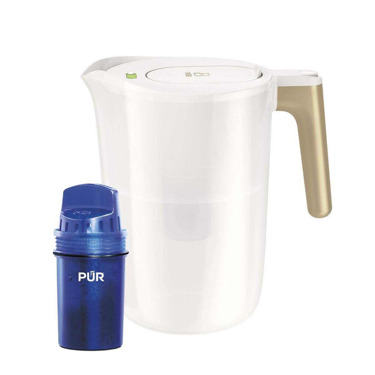 White translucent Beautiful by PUR 12-cup pitcher with gold-tone handle and standard filter; official product image.