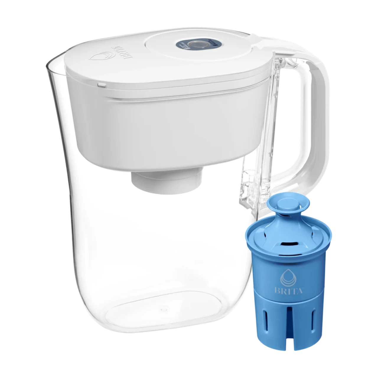 White Brita Denali 6-cup pitcher with the blue Elite filter shown beside it