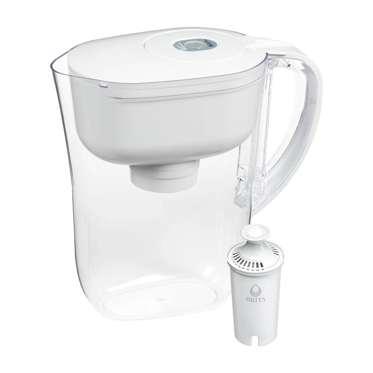 White Brita Denali 6-cup pitcher with the white Original filter shown beside it