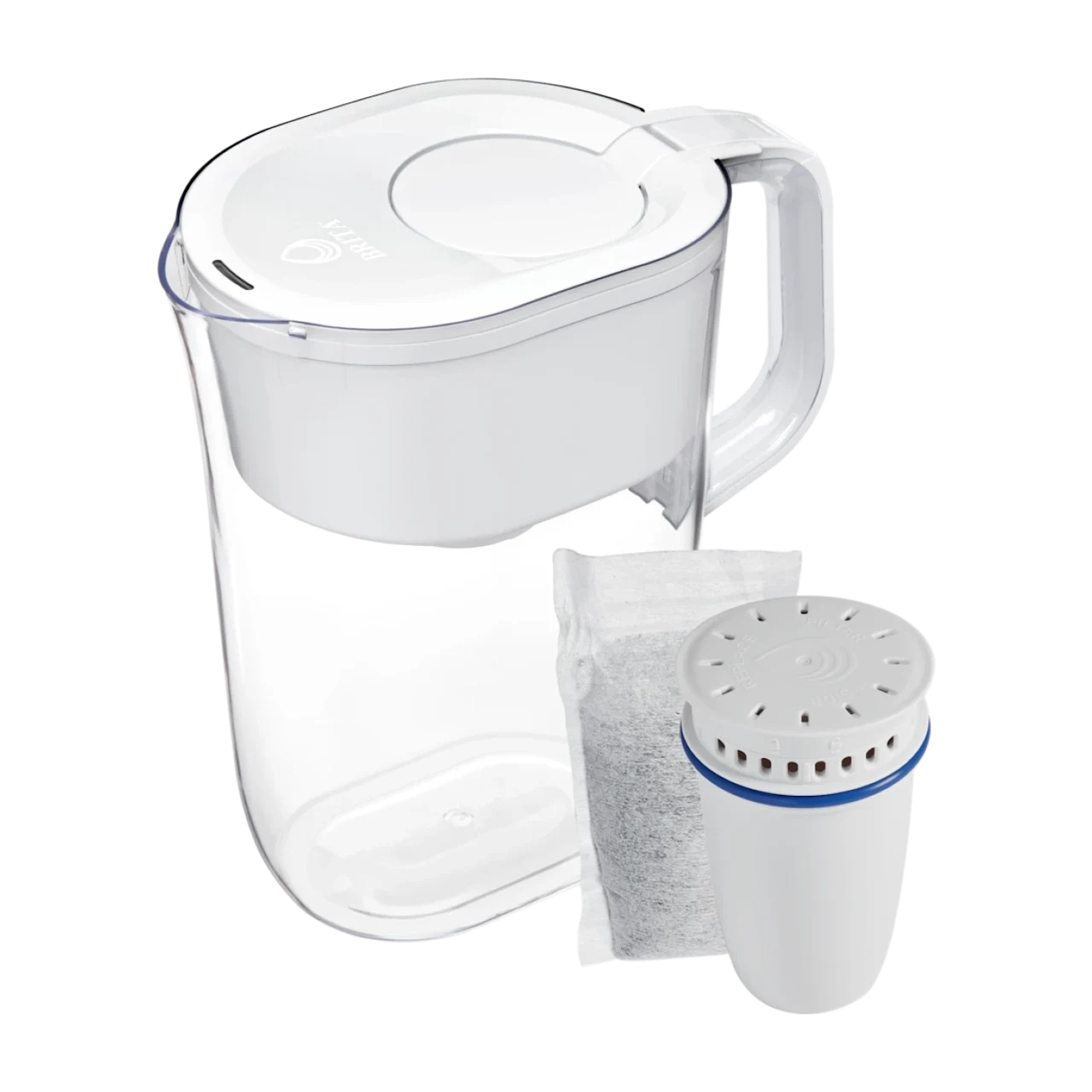 White Brita Tahoe pitcher and reusable filter shell with refill pouch shown beside it