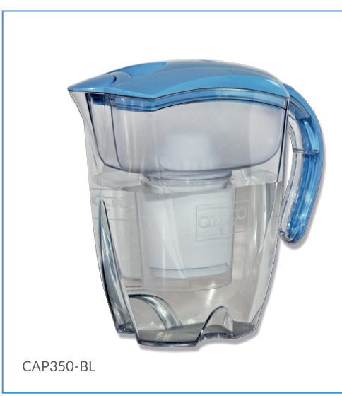 Clear transparent pitcher with blue lid and handle, labeled CAP350-BL in the manufacturer’s 2015 catalog.