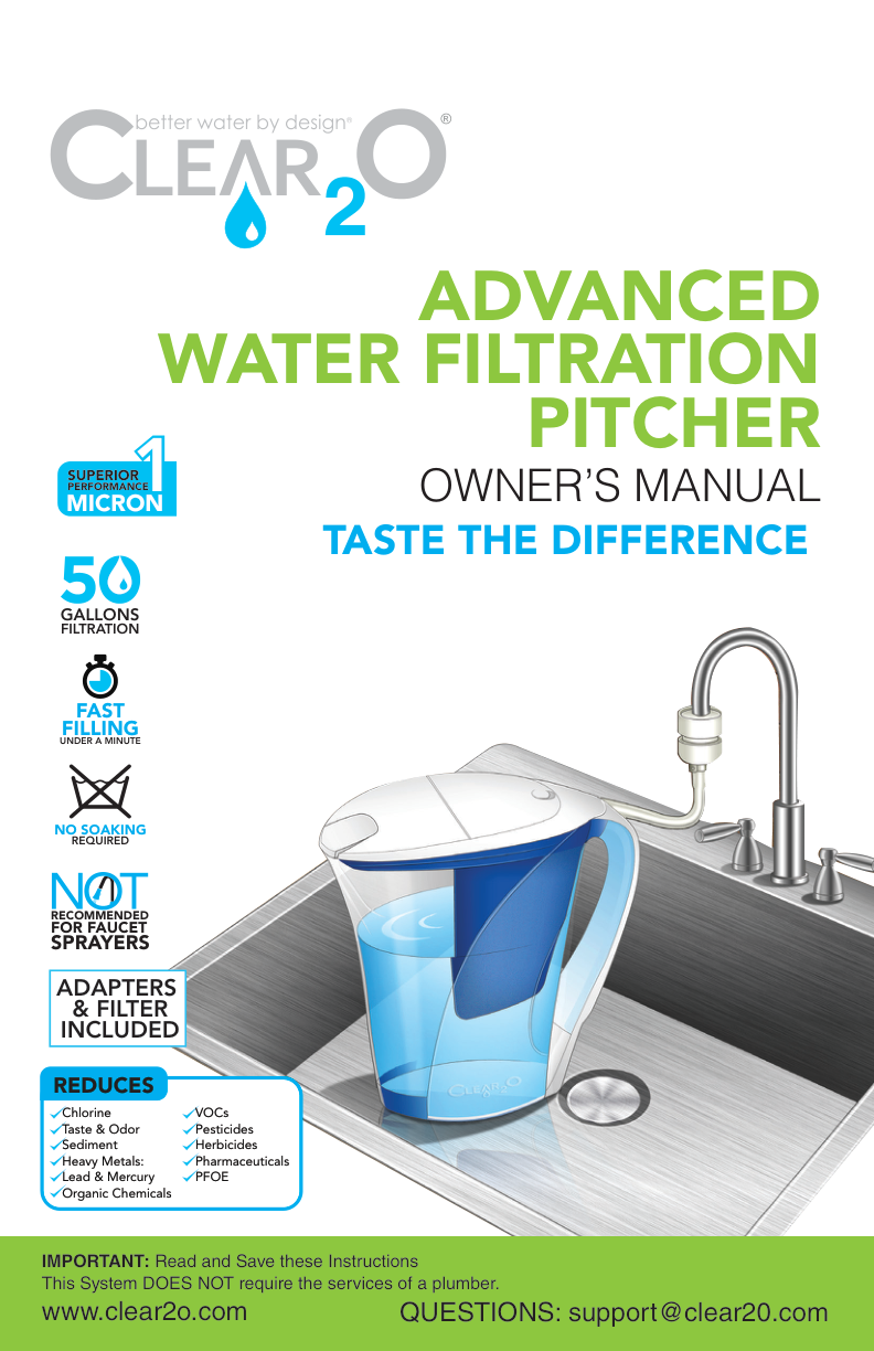 Official manual-cover illustration of the CLEAR2O CWS100 pitcher connected to a faucet with a hose; manual artwork, not a photograph.