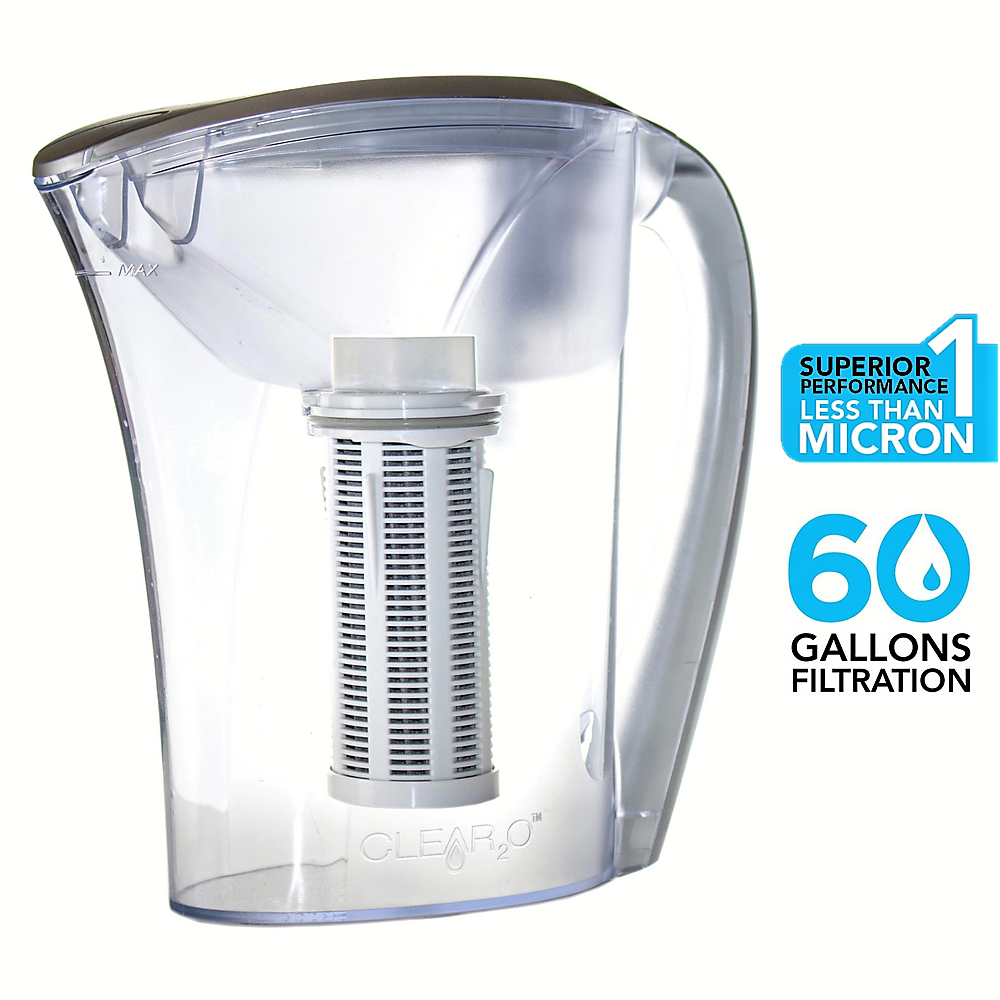 CLEAR2O GRP200 clear six-glass gravity pitcher with central pleated filter; manufacturer marketing rendering, not a household photograph.