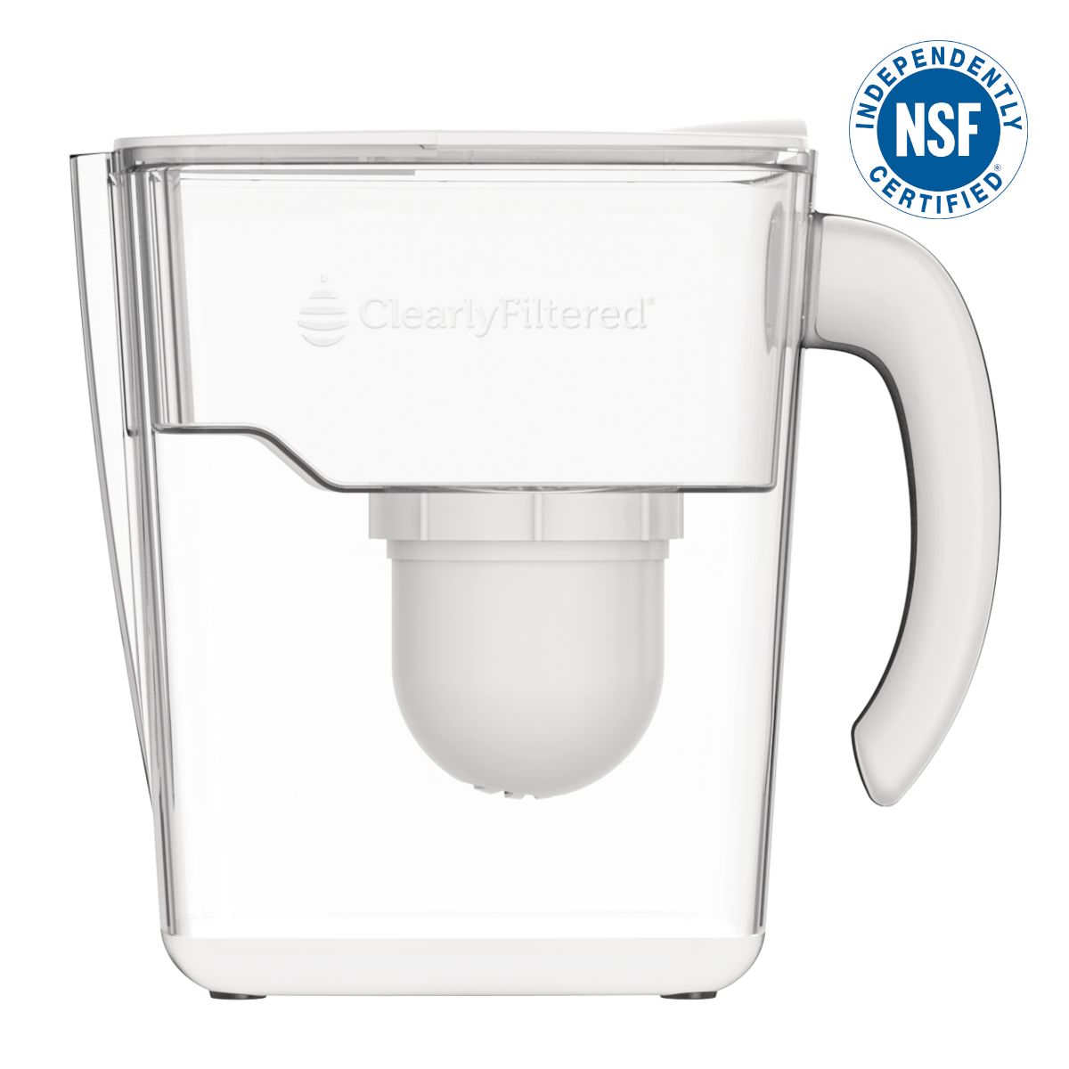 Clearly Filtered P-V3 clear 10-cup water pitcher with its installed white P-RF filter visible through the transparent body