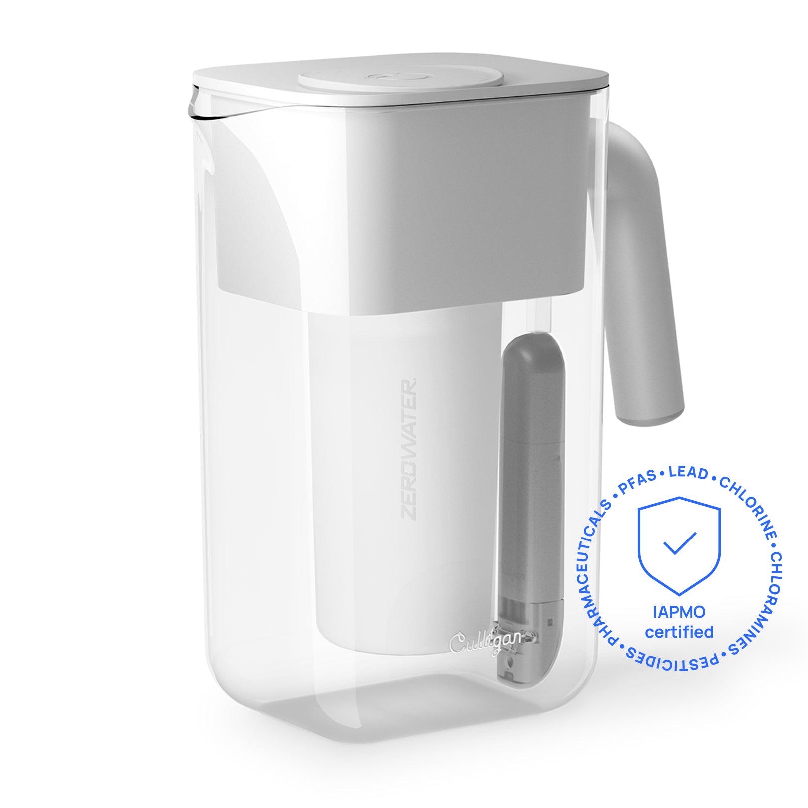 Cool Gray Culligan with ZeroWater Technology 10-cup pitcher with the removable TDS meter docked beside the transparent pitcher body