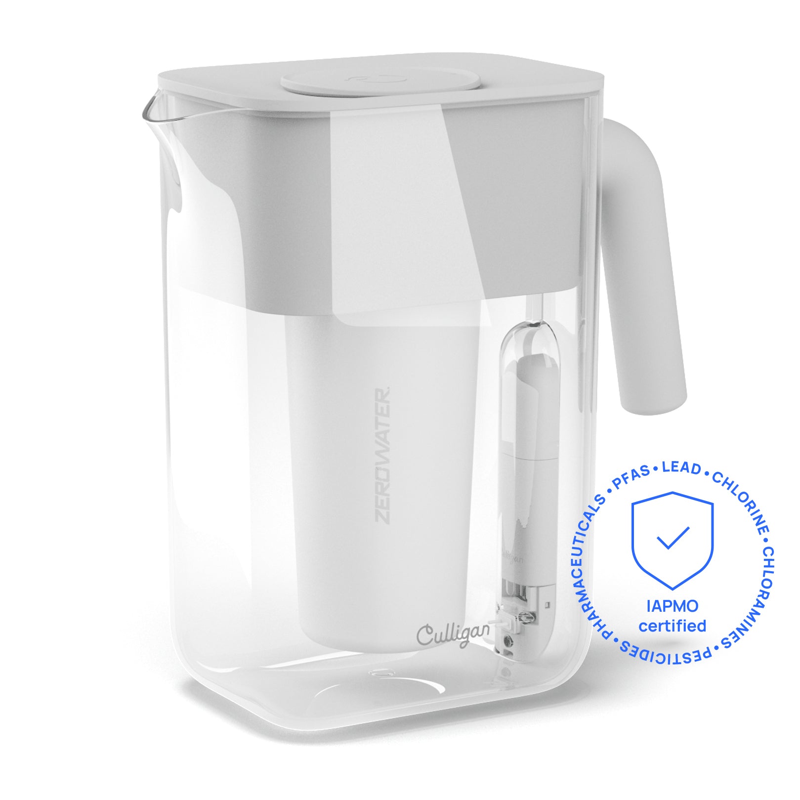 Cool Gray Culligan with ZeroWater Technology 12-cup pitcher with the removable TDS meter docked beside the transparent pitcher body