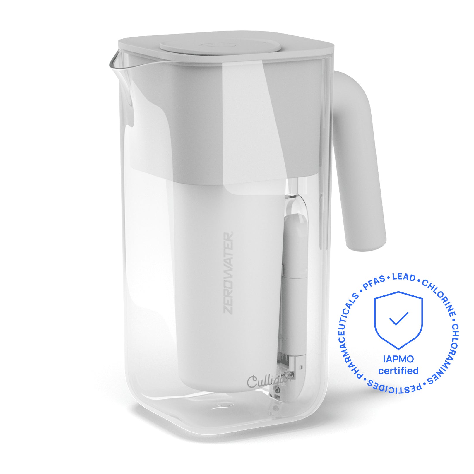 Cool Gray Culligan with ZeroWater Technology 7-cup pitcher with the removable TDS meter docked beside the transparent pitcher body
