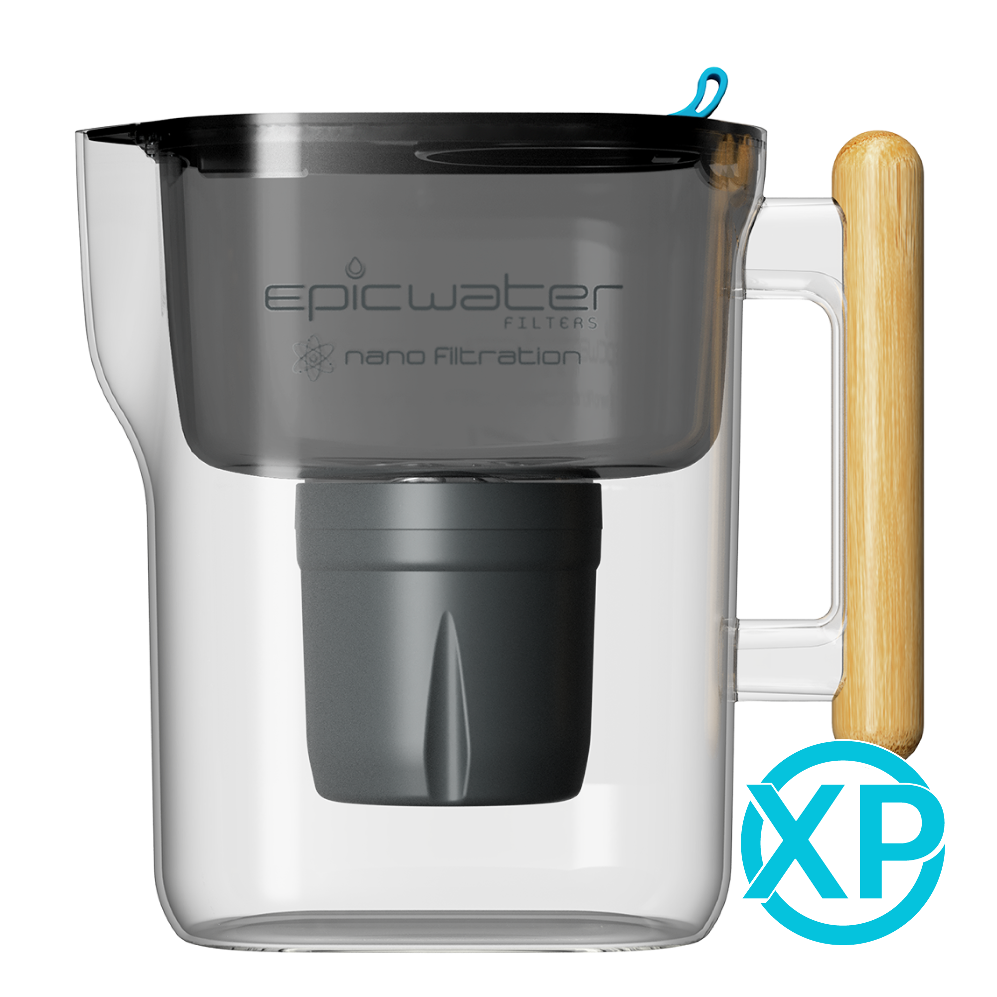 Epic Nano XP transparent dark pitcher with Black & Bamboo finish, installed filter and Nano XP labeling; manufacturer studio rendering.