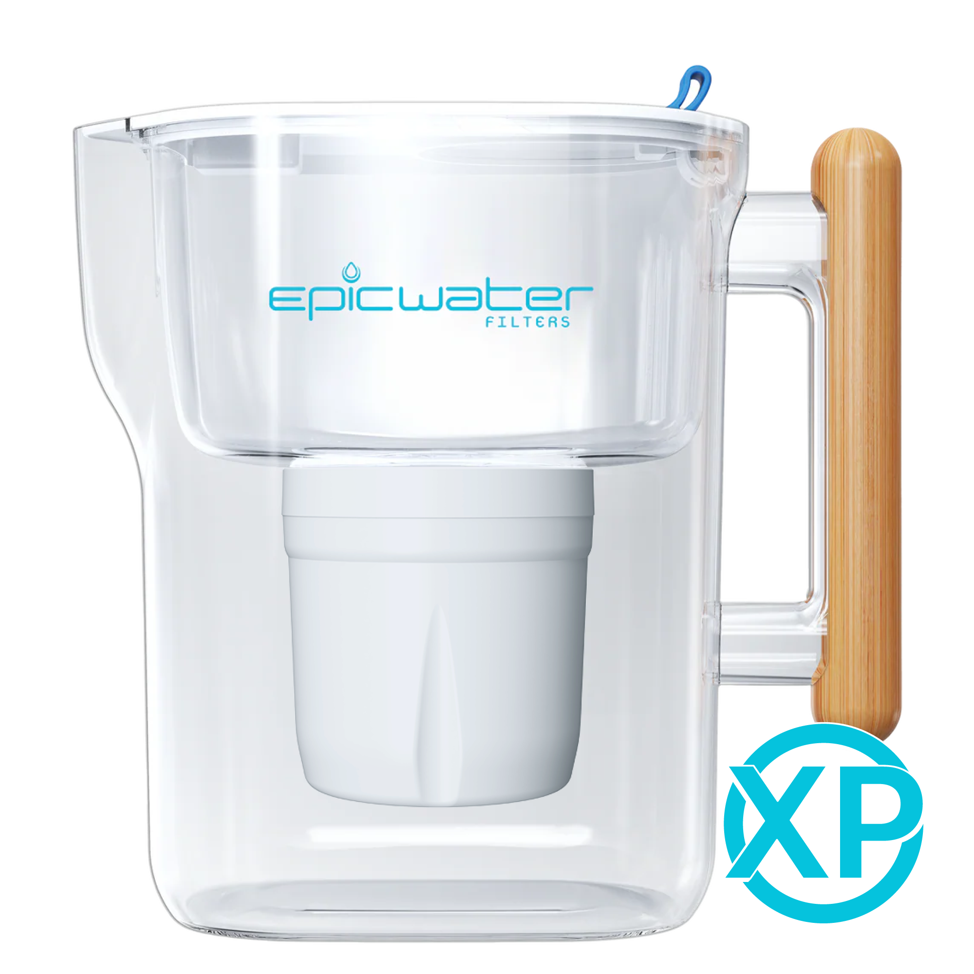 Epic Pure XP transparent pitcher with Bamboo-colored handle, installed filter and XP emblem; manufacturer studio rendering.