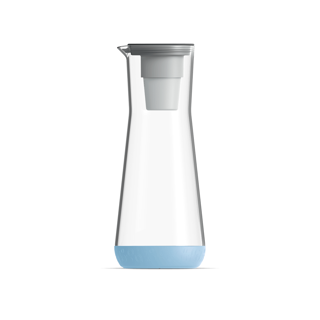 Pale-blue 40-ounce Hydros slim plastic pitcher with its filter seated in the lid; manufacturer product rendering on a dark background