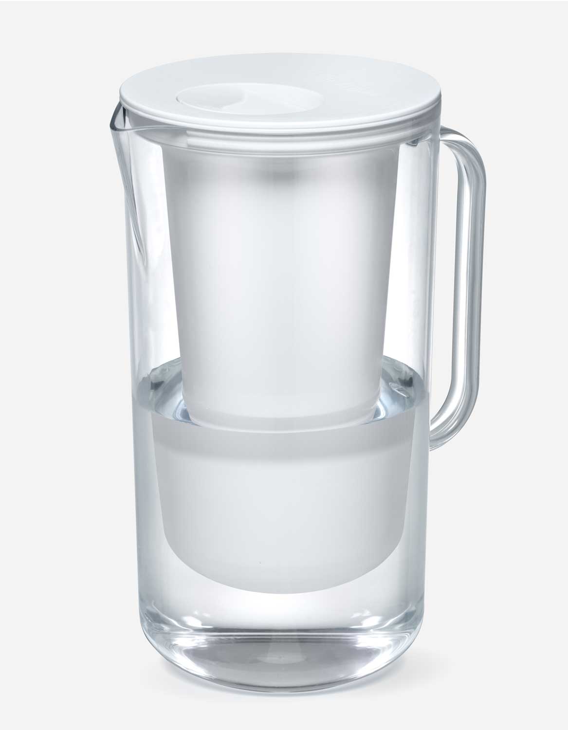 Clear LifeStraw Home Essential 10-Cup Plastic pitcher with white lid, raised filter reservoir and handle; official studio product render.
