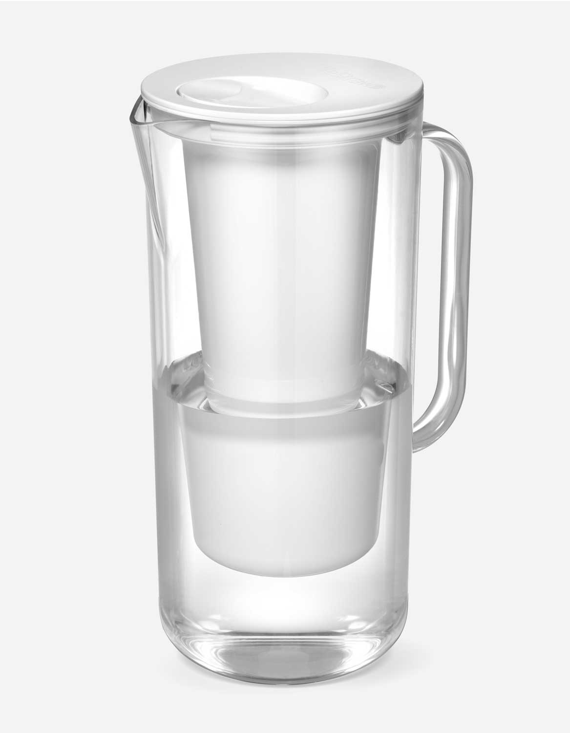 Clear LifeStraw Home Essential 7-Cup Plastic pitcher with white lid, filter chamber and handle; official studio product render.