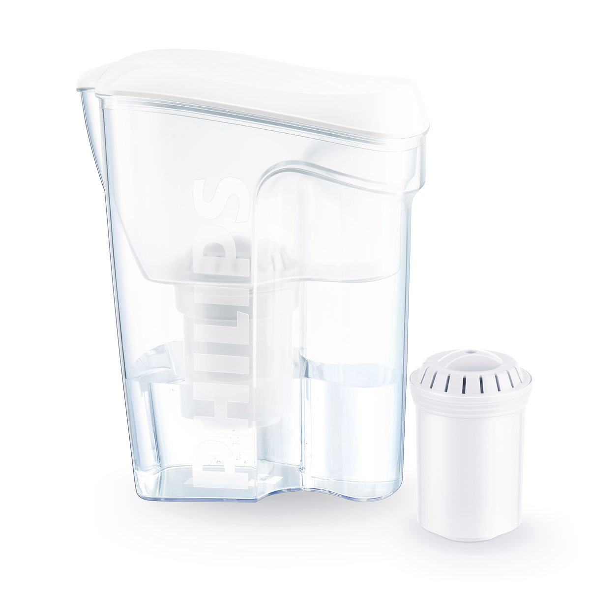 Clear AWP2918/10 gravity pitcher with white lid and matching cartridge shown beside it