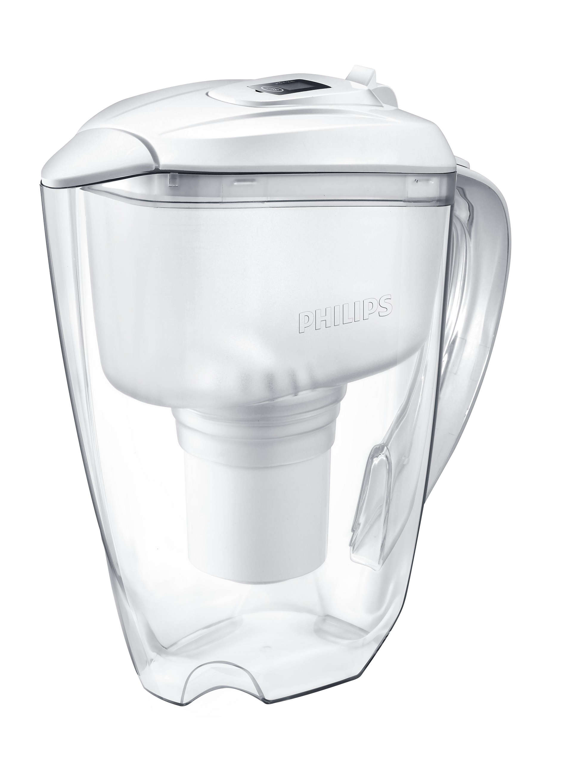 Philips AWP2920 white water-filter pitcher with digital timer lid, viewed from the front