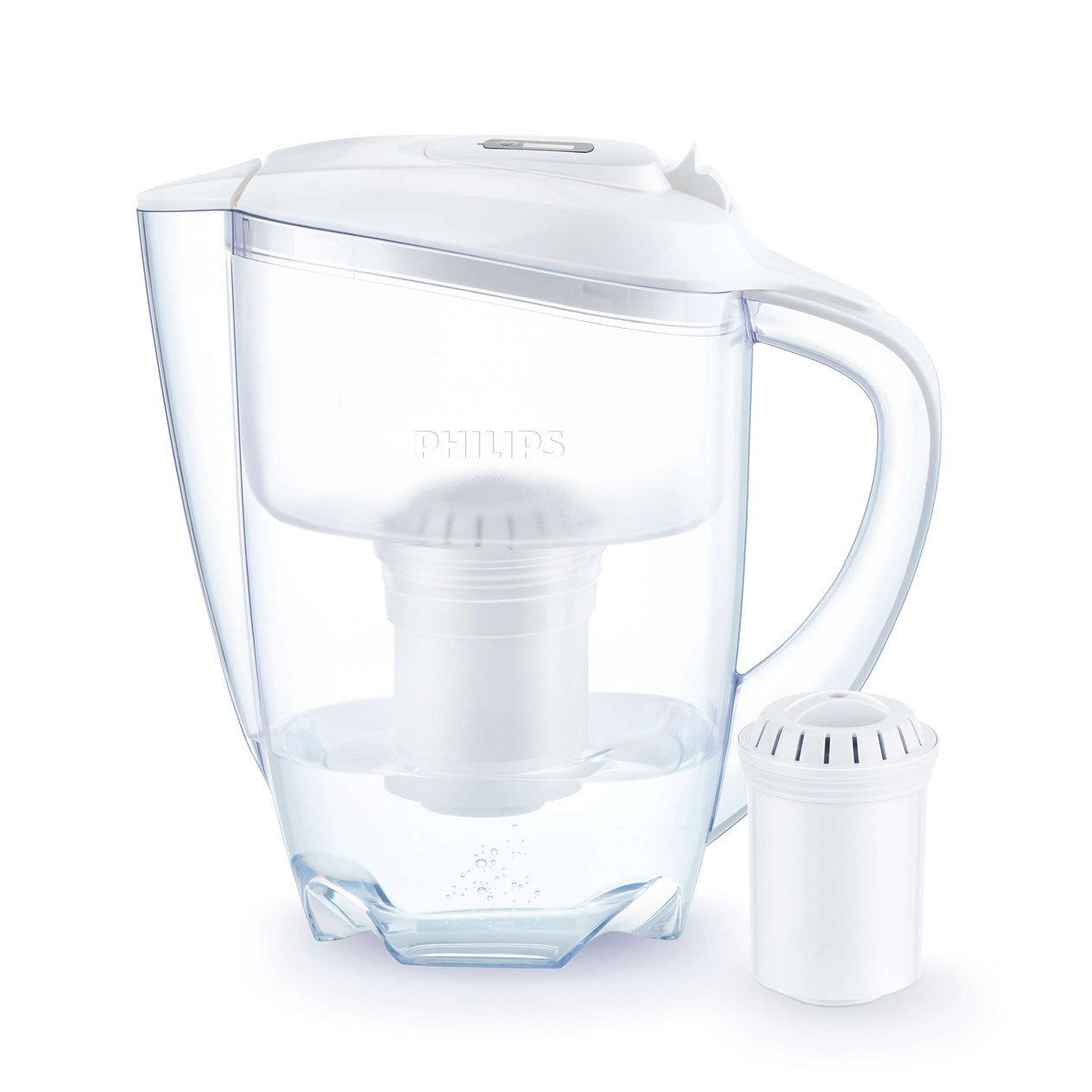 Philips AWP2920/10 white pitcher with timer lid and matching one-piece cartridge beside it