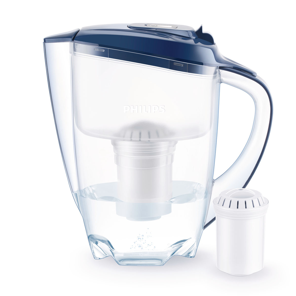 Philips AWP2922/10 blue-lid pitcher with digital timer and matching cartridge beside it