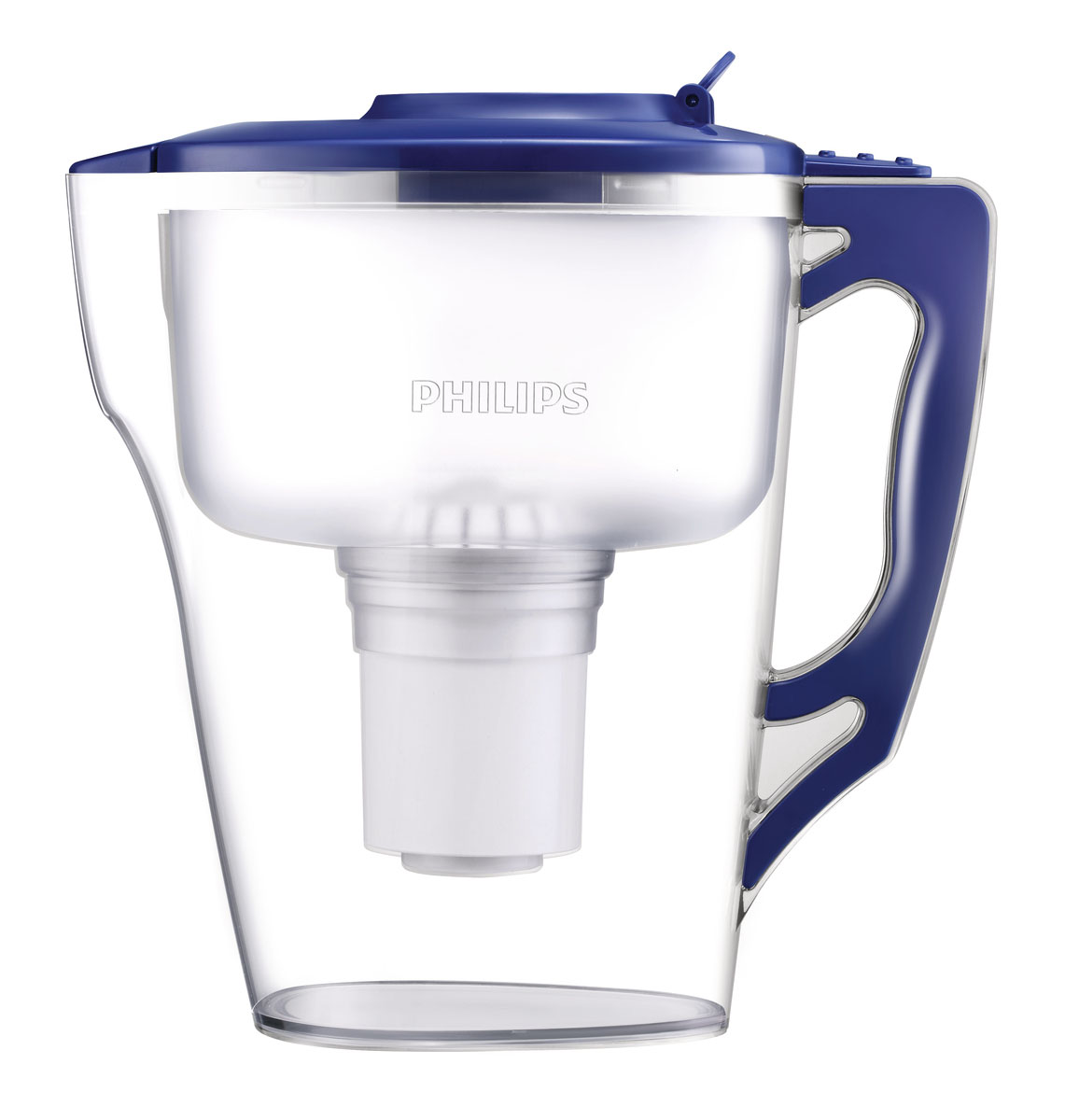 Clear Philips AWP2950/03 pitcher with a dark navy lid, handle and tall filter cartridge