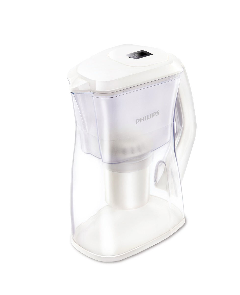 Clear Philips AWP2970/03 pitcher with white body and handle and a digital timer in the lid