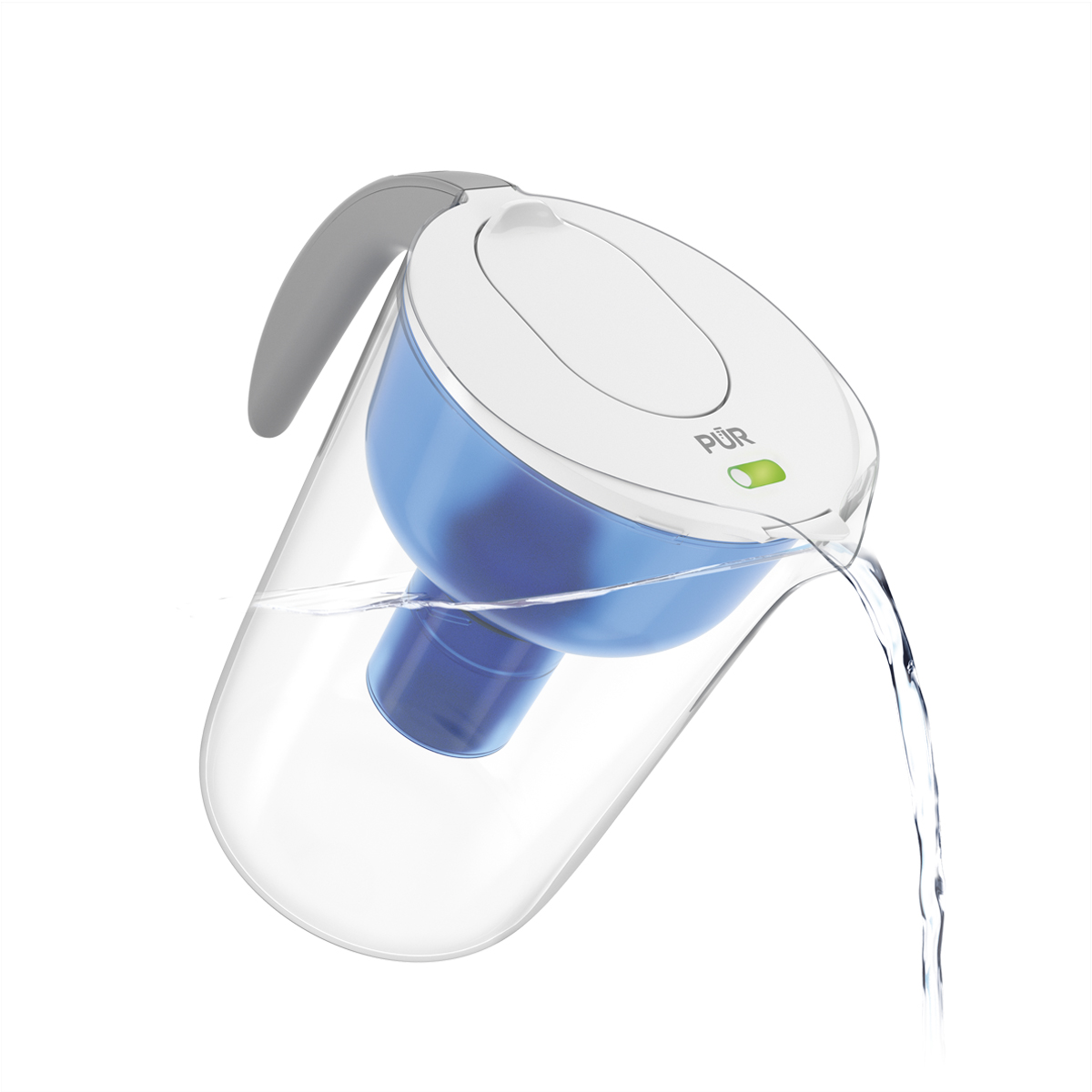 White PUR 10-cup pitcher with reminder light shown pouring water; official product image.