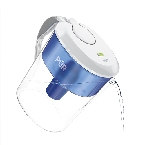 White PUR 11-cup pitcher with a filter-change light shown pouring water; official product image.