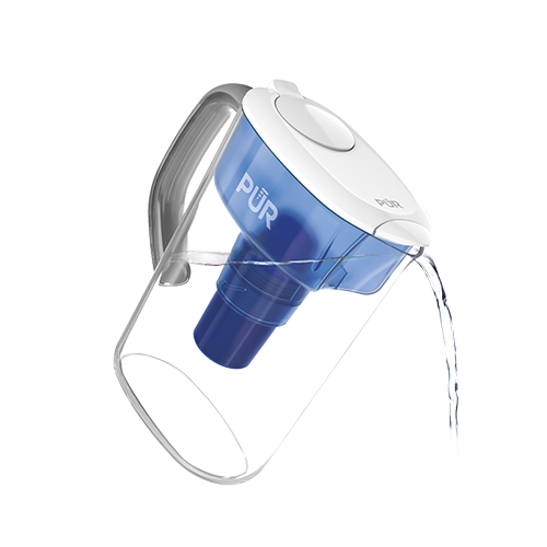 White PUR 7-cup pitcher with standard filter and green reminder light; official product image.