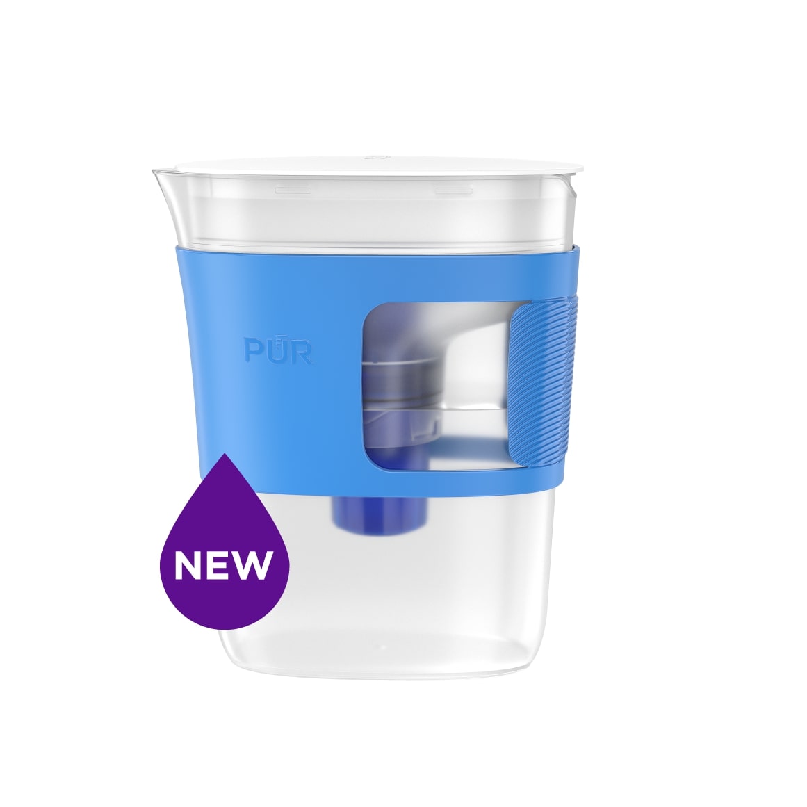 Blue PUR 8-cup slim pitcher with its fitted blue sleeve; manufacturer studio rendering.
