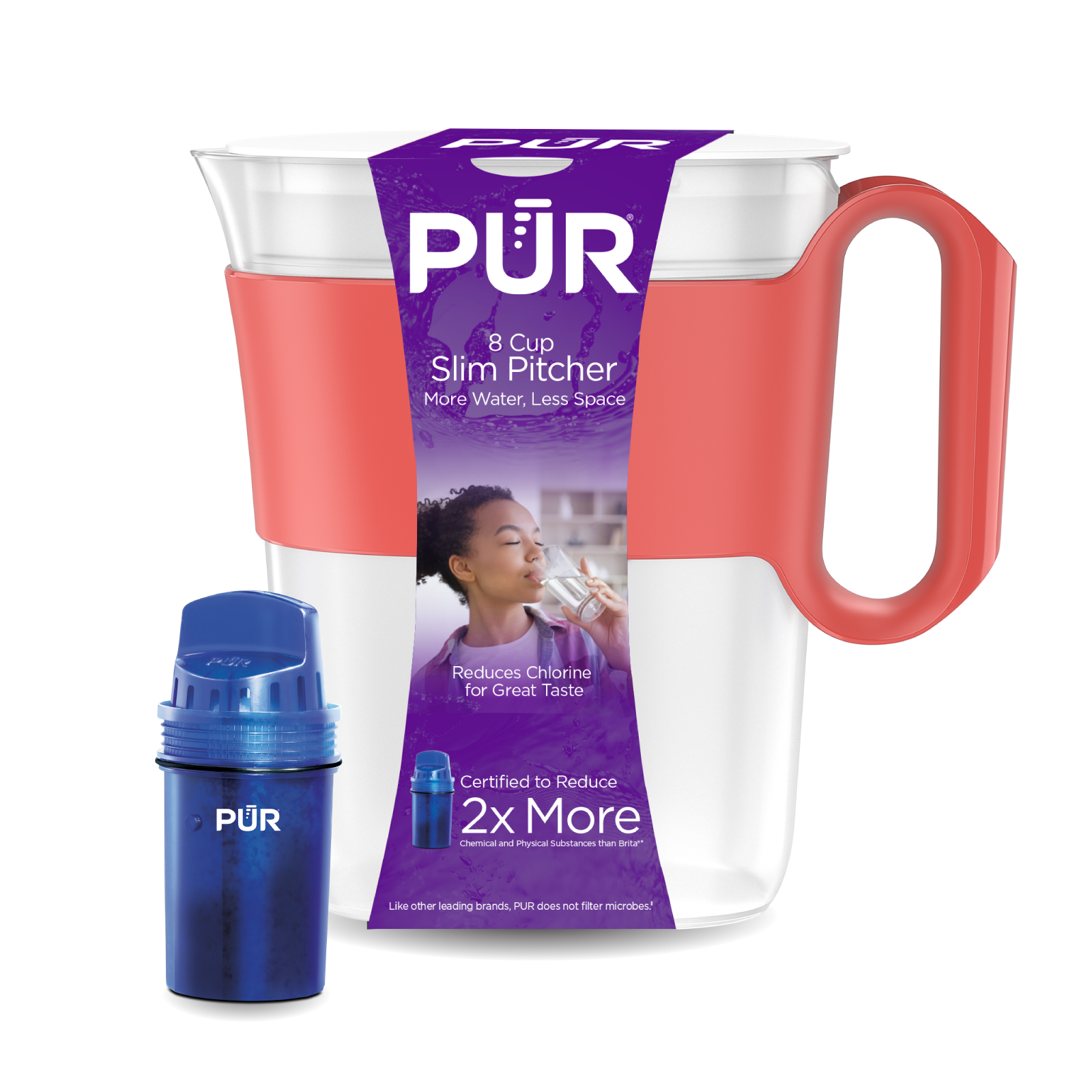 Coral PUR 8-cup slim pitcher with standard cartridge pictured; official product rendering with package claims.